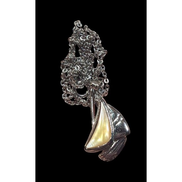 Preppy Nautical Silver Tone Sailboat Pendant Necklace With Shell Inlay - Picture 3 of 6